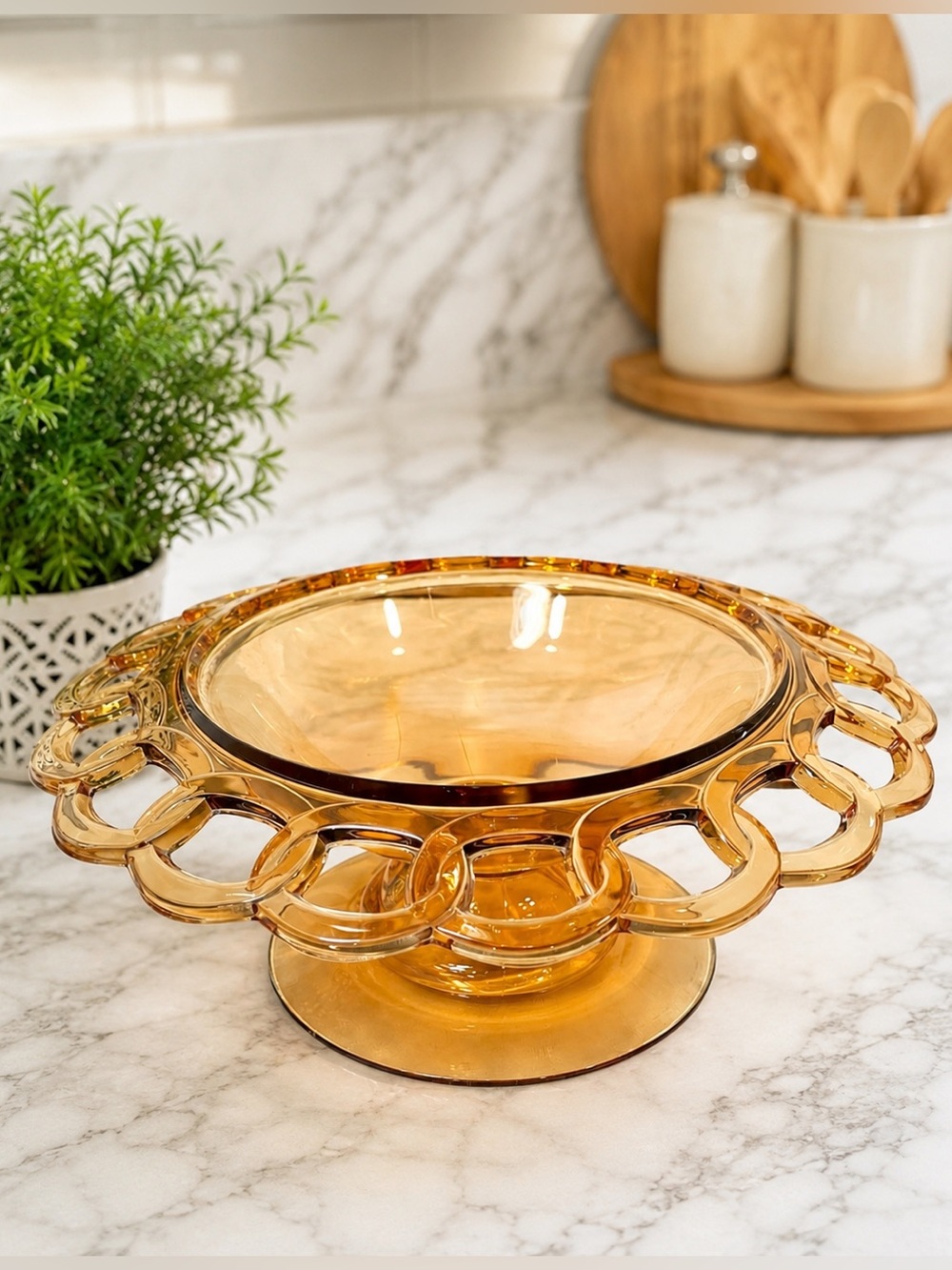 Fostoria Amber Glass Vintage Pedestal Lace Edged Fruit Bowl | Scratched